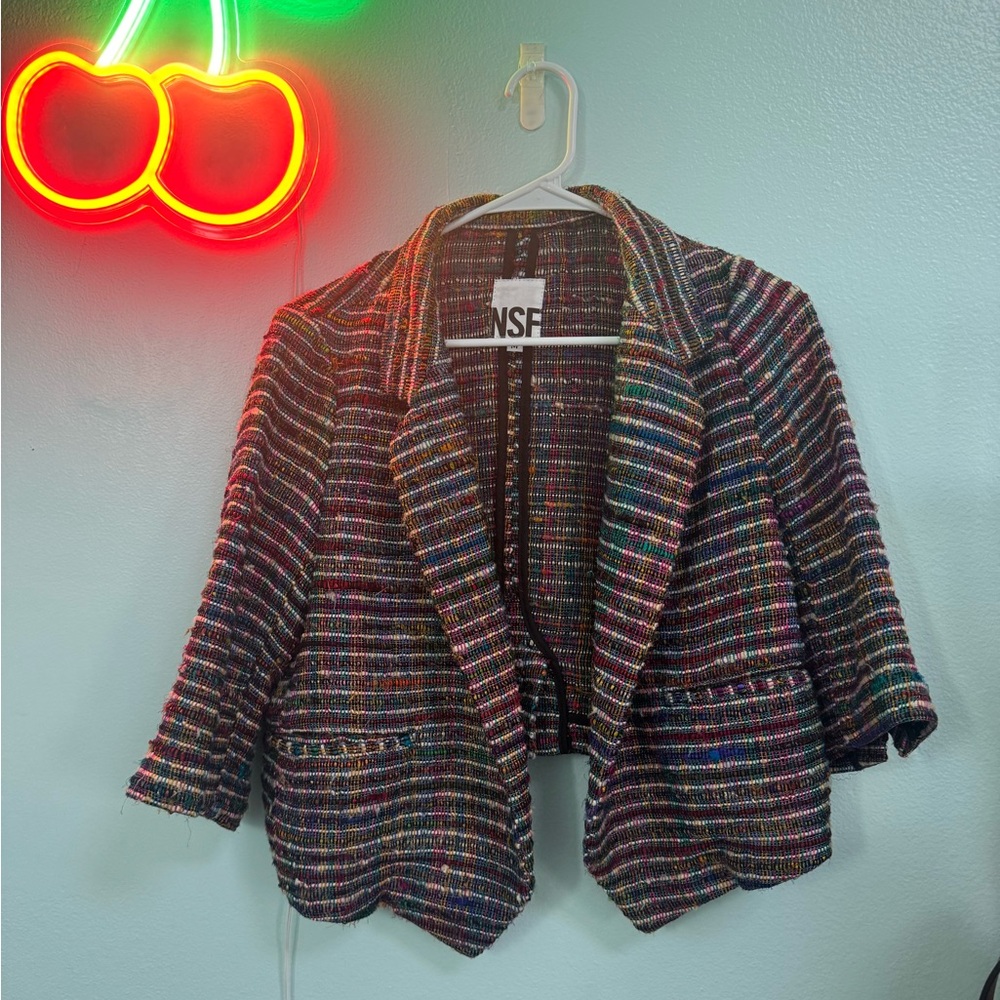 NSF Multicolor Tweed Cropped Blazer with Subtle Metallic Threading